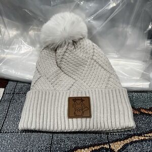 Pokemon Pikachu Hat Beanie One Size Gray White Pom Pom Fleece Lined Knit